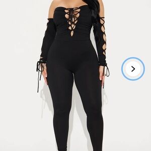 Fashion Nova Black Lace-Up High-Waist Leggings Jumpsuit